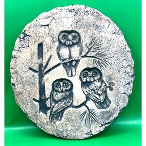 Garden Owl Stepping Stone Round Cement Wall Plaque Trivet Rustic Yard Décor VTG